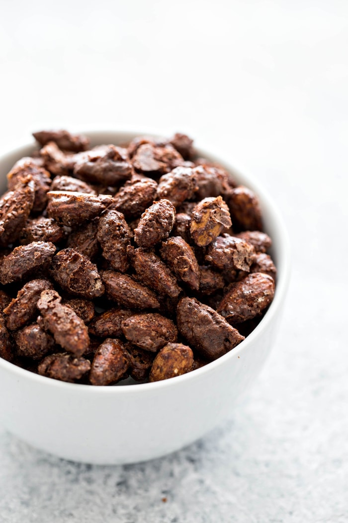 mocha roasted almonds in white bowl