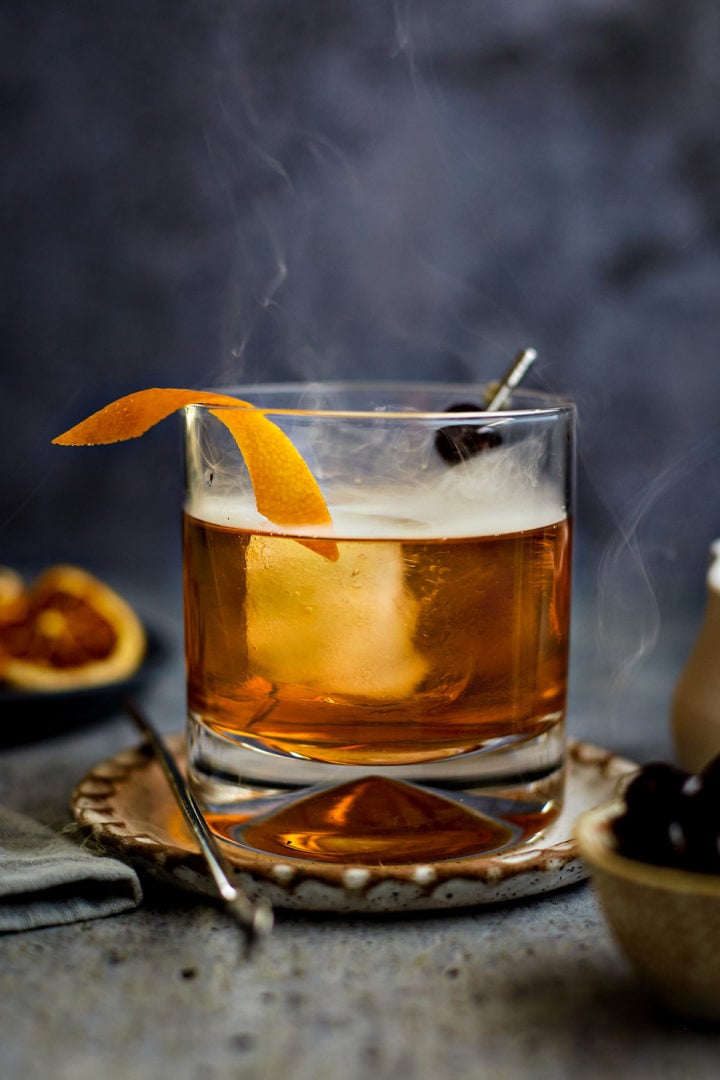smoking old fashioned in a glass