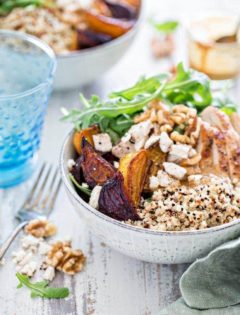 Chicken, Beet, and Arugula Quinoa Bowl with Walnut Sherry Molasses Vinaigrette