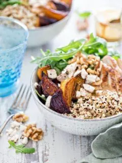 Chicken, Beet, and Arugula Quinoa Bowl with Walnut Sherry Molasses Vinaigrette