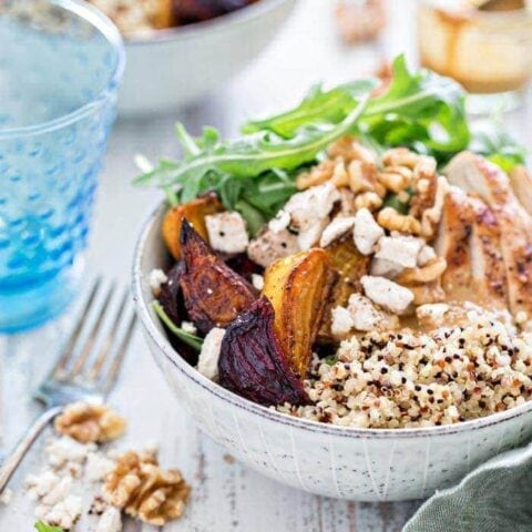 Chicken, Beet, and Arugula Quinoa Bowl with Walnut Sherry Molasses Vinaigrette