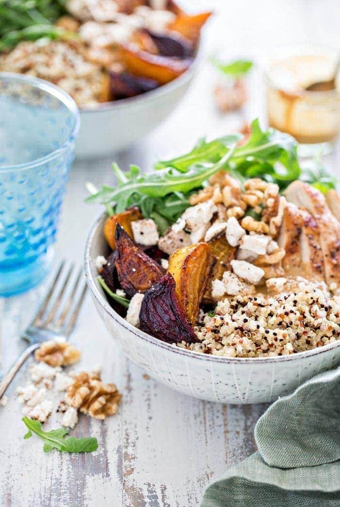 Chicken, Beet, and Arugula Quinoa Bowl with Walnut Sherry Molasses Vinaigrette