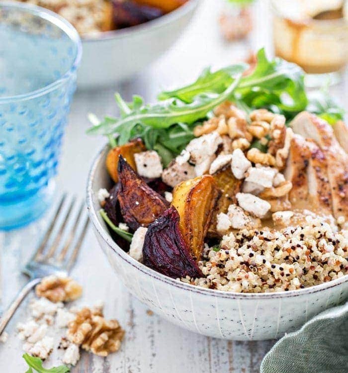 Chicken, Beet, and Arugula Quinoa Bowl with Walnut Sherry Molasses Vinaigrette