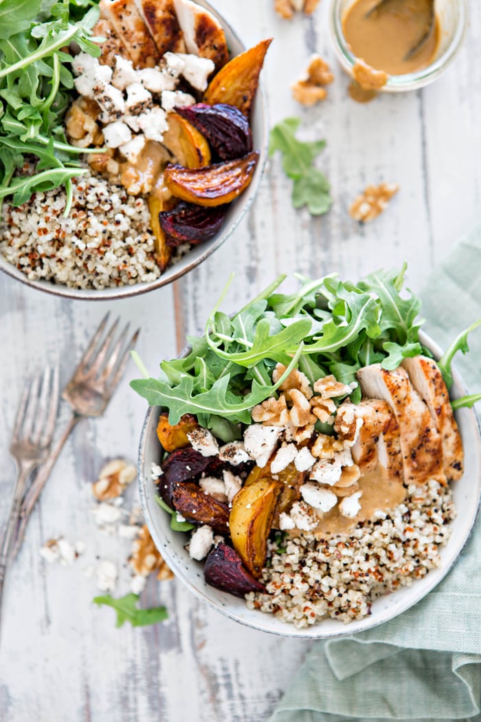 Chicken, Beet, and Arugula Quinoa Bowl with Walnut Sherry Molasses Vinaigrette