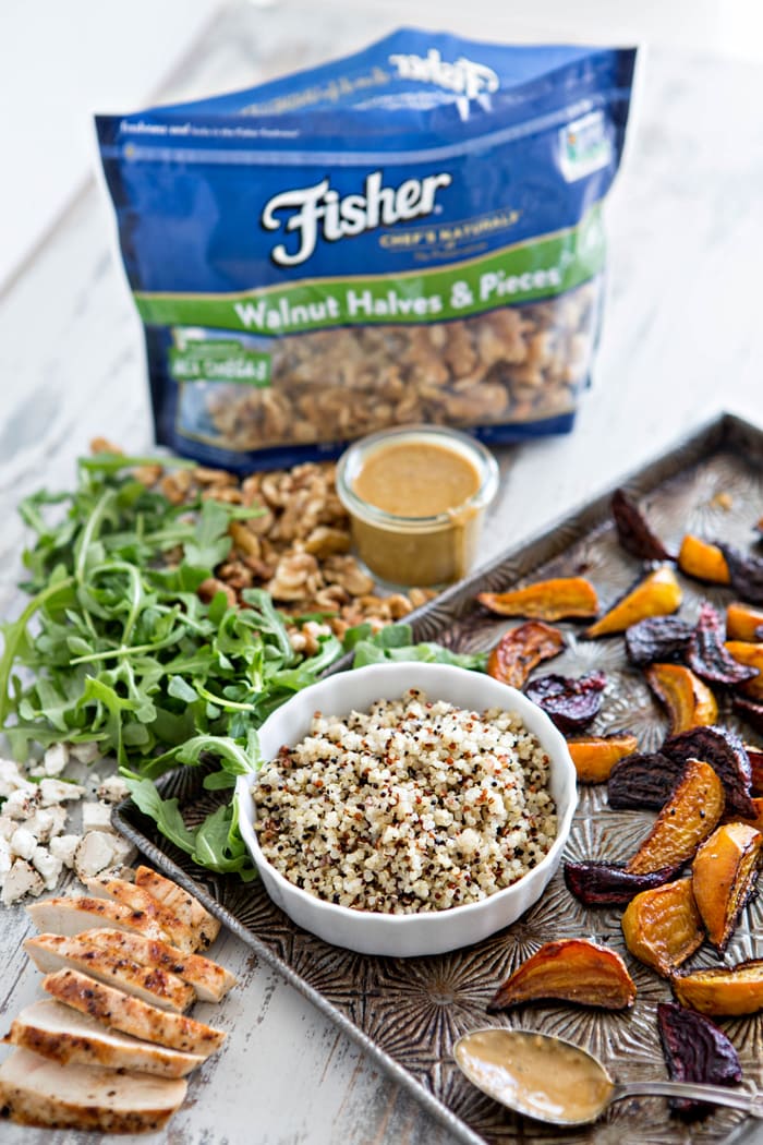 Chicken, Beet, and Arugula Quinoa Bowl with Walnut Sherry Molasses Vinaigrette