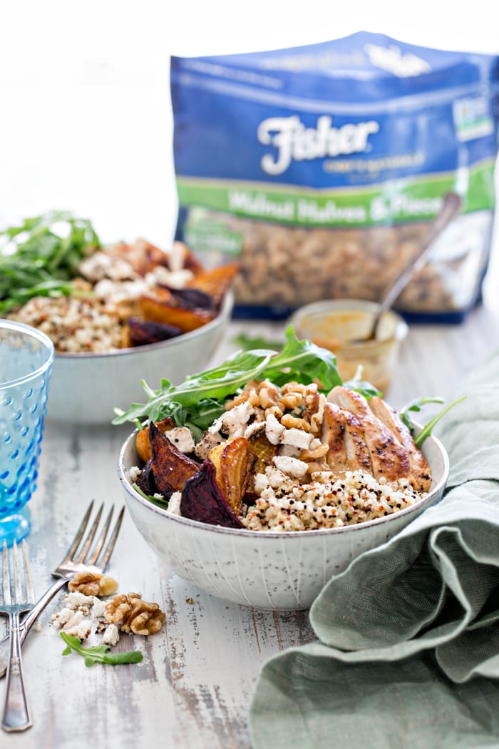 Chicken, Beet, and Arugula Quinoa Bowl with Walnut Sherry Molasses Vinaigrette