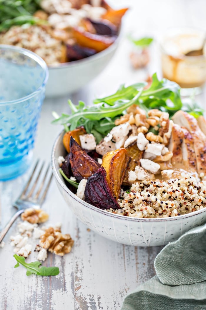 Chicken, Beet, and Arugula Quinoa Bowl with Walnut Sherry Molasses Vinaigrette