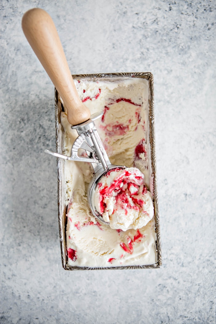 No Churn Vanilla Frozen Yogurt with Balsamic Roasted Strawberry Rhubarb