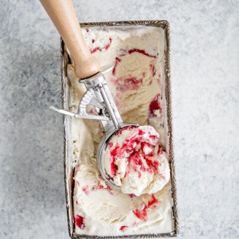 Vanilla Frozen Yogurt with Balsamic Roasted Strawberry Rhubarb