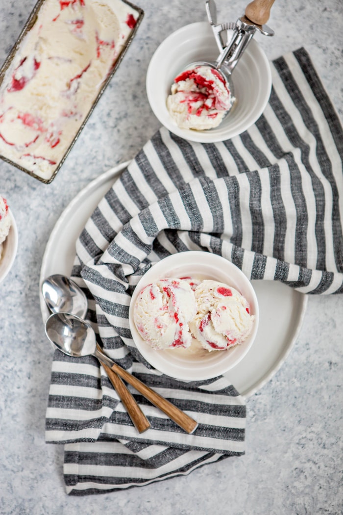 No Churn Vanilla Frozen Yogurt with Balsamic Roasted Strawberry Rhubarb