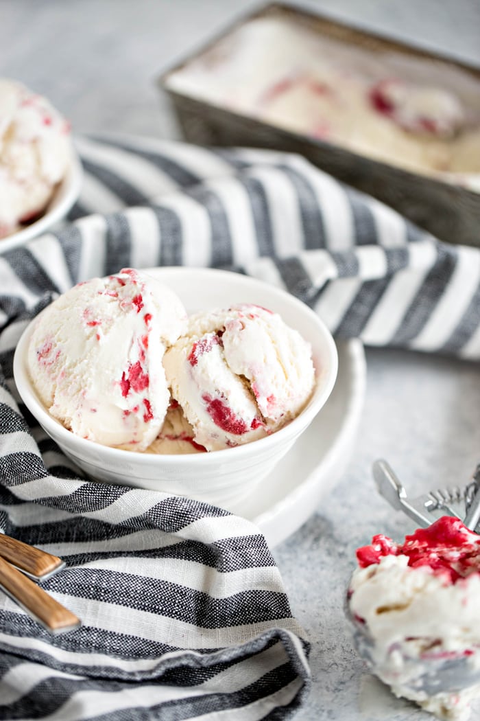 No Churn Vanilla Frozen Yogurt with Balsamic Roasted Strawberry Rhubarb