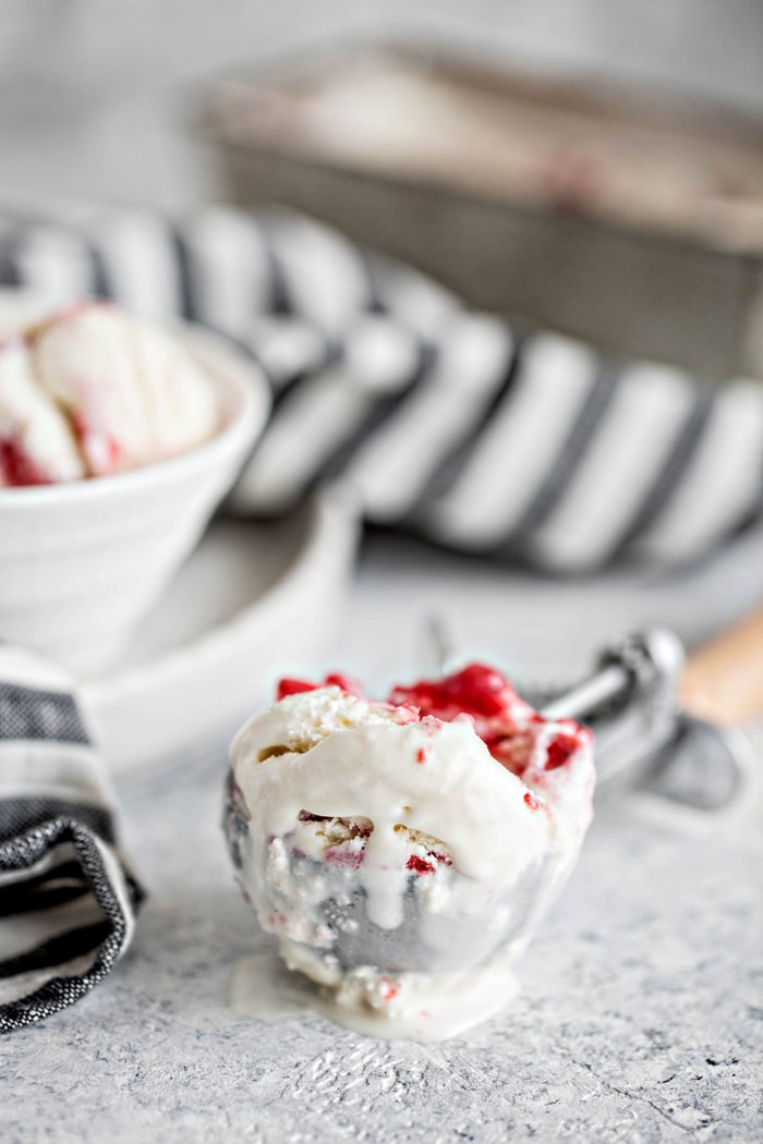 No Churn Vanilla Frozen Yogurt with Balsamic Roasted Strawberry Rhubarb