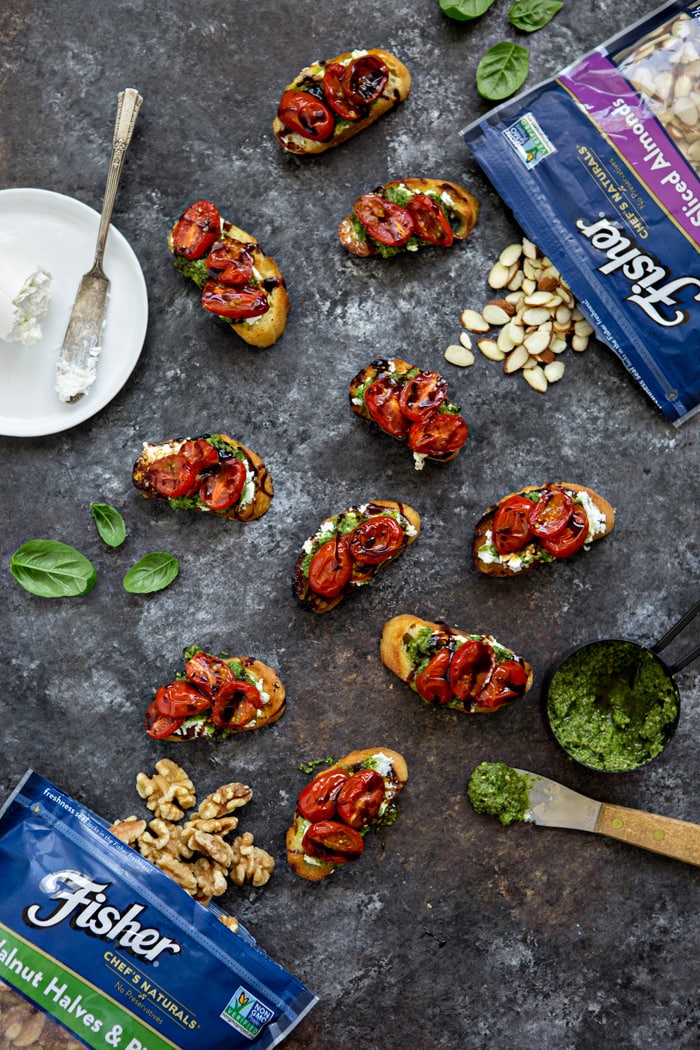 Roasted Tomato Crostini with Walnut Almond Pesto and Goat Cheese photo and recipe