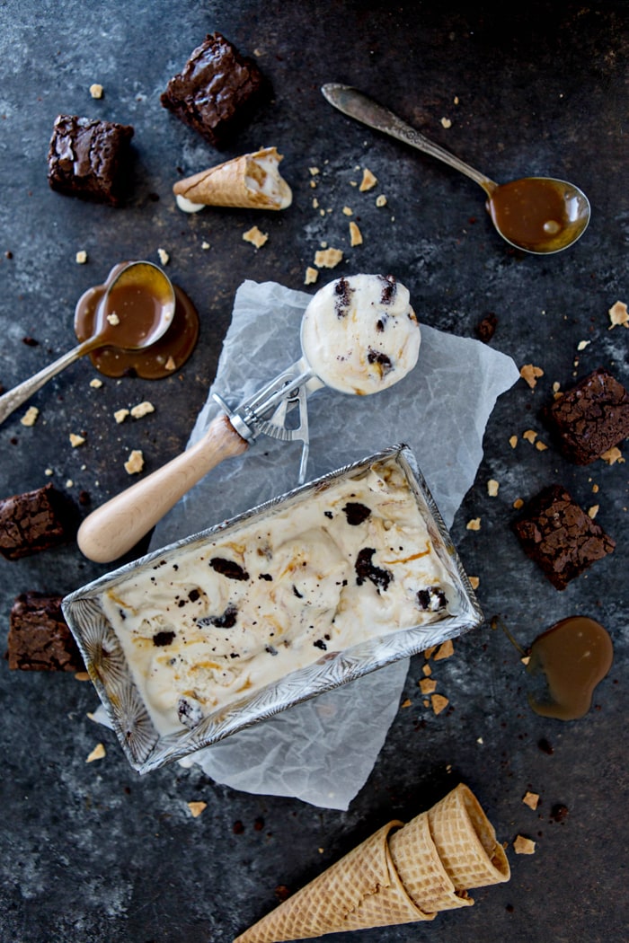 no churn brownie chunk ice cream with vanilla bourbon caramel