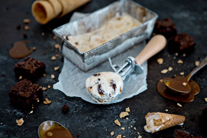 No Churn Brownie Chunk Ice Cream with Vanilla Bourbon Caramel