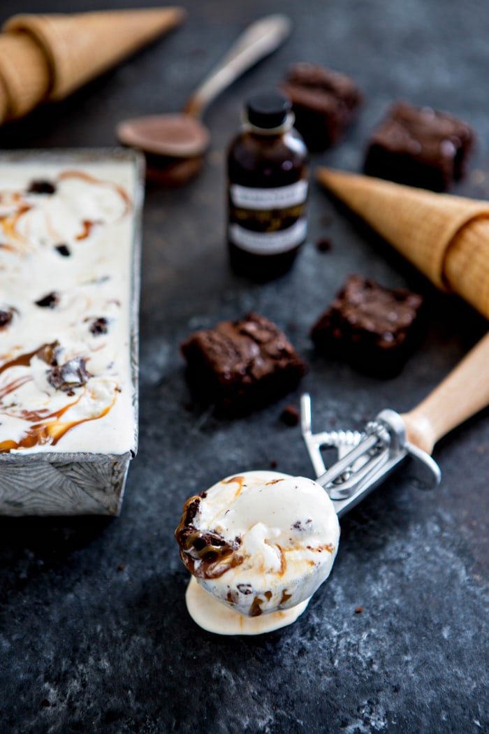 NO CHURN BROWNIE CHUNK ICE CREAM WITH VANILLA BOURBON CARAMEL picture