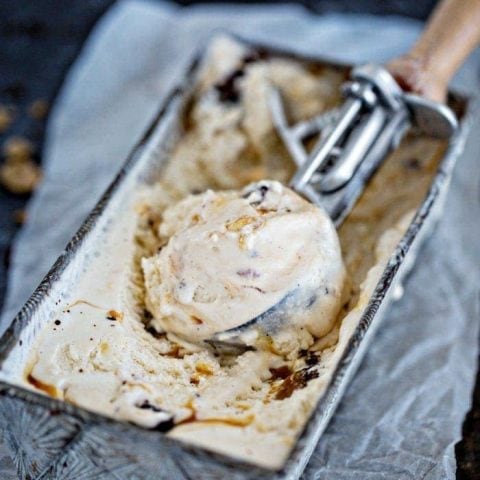 No Churn Brownie Chunk Ice Cream with Vanilla Bourbon Caramel