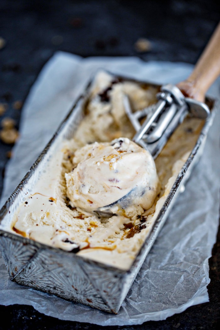 No Churn Brownie Chunk Ice Cream with Vanilla Bourbon Caramel