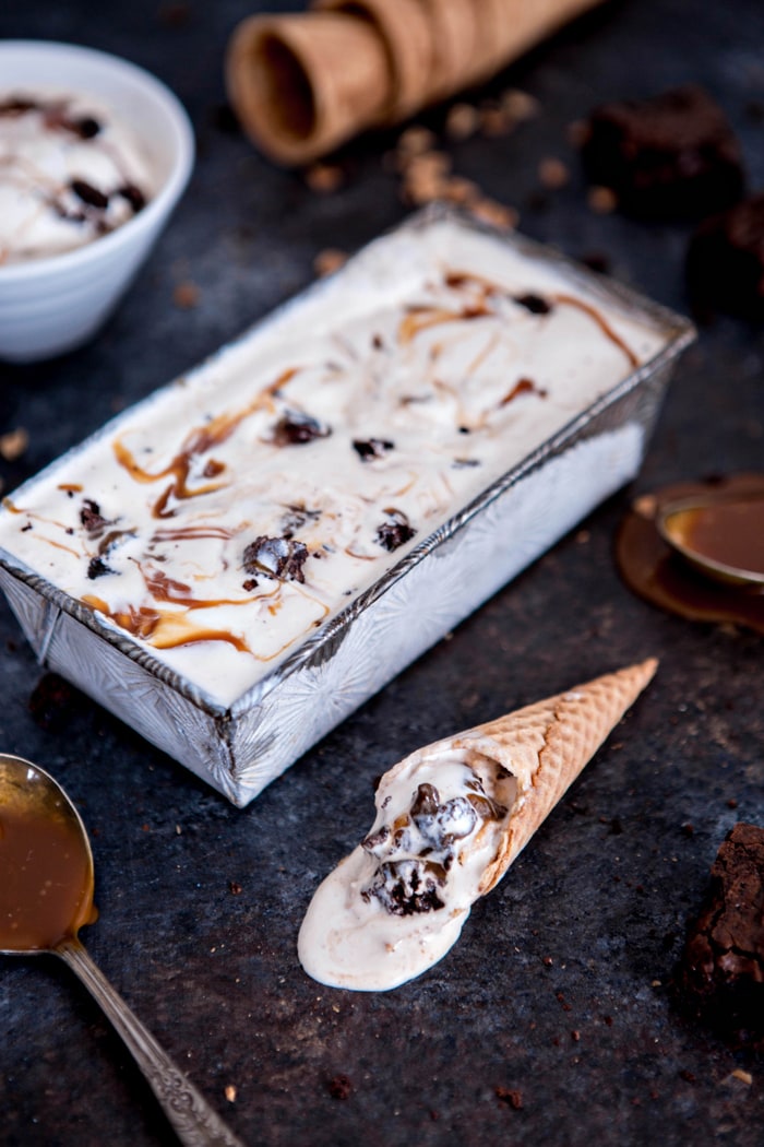 NO CHURN BROWNIE CHUNK ICE CREAM WITH VANILLA BOURBON CARAMEL recipe image