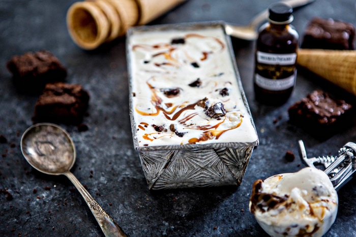 No Churn Brownie Chunk Ice Cream with Vanilla Bourbon Caramel