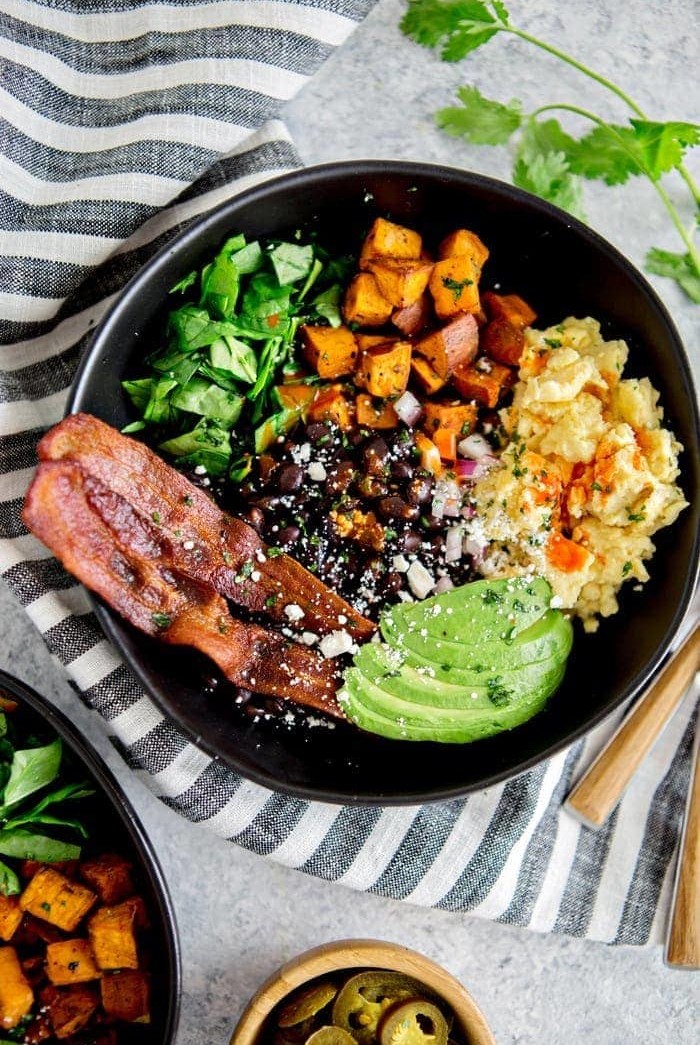 southwest protein breakfast bowls with sweet potato and black beans