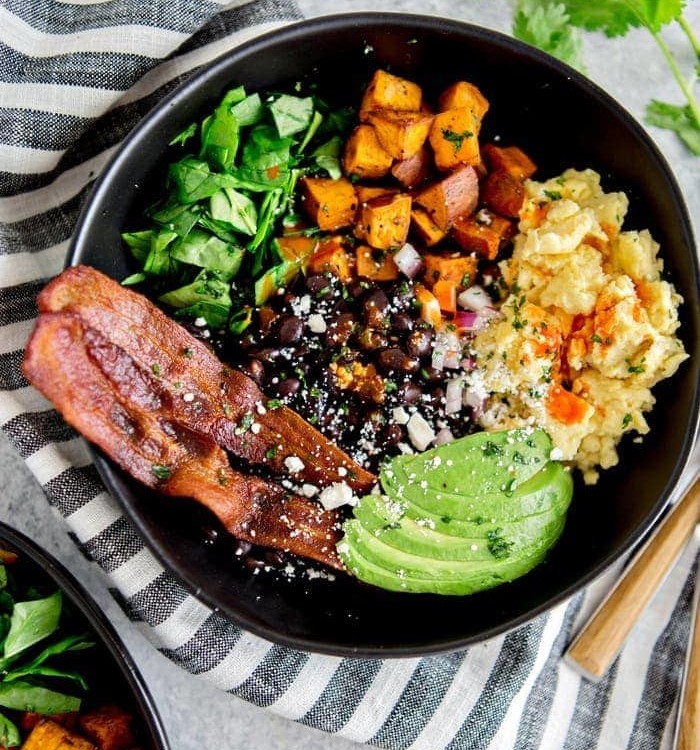 southwest protein breakfast bowls with sweet potato and black beans