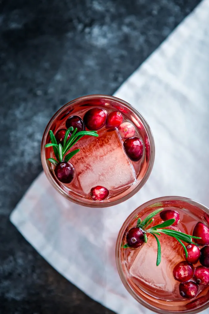 overhead photo of this cranberry rosemary shrub cocktail