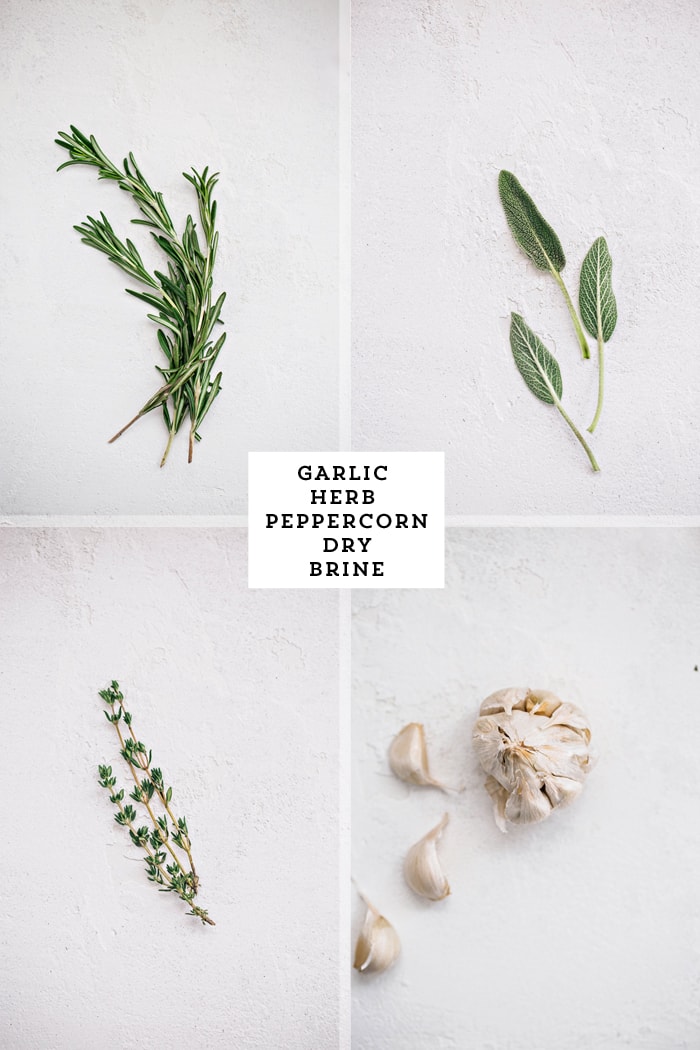 photo of fresh herbs and garlic used in a dry brine recipe