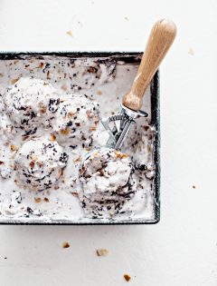 overhead shot of a square container with 4 scoops of ice cream