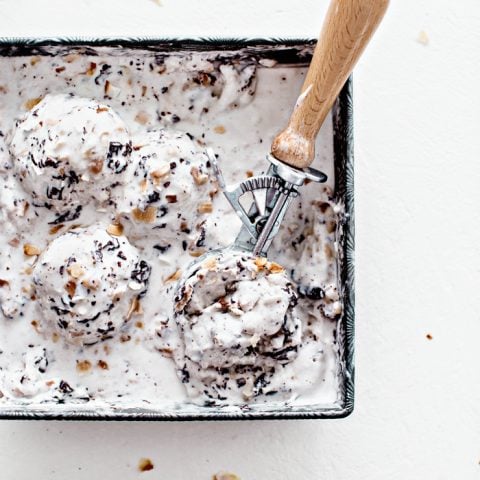 overhead shot of a square container with 4 scoops of ice cream