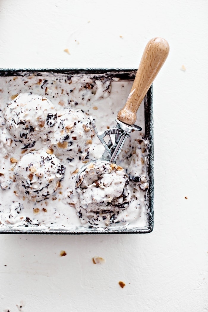 overhead shot of a square container with 4 scoops of ice cream