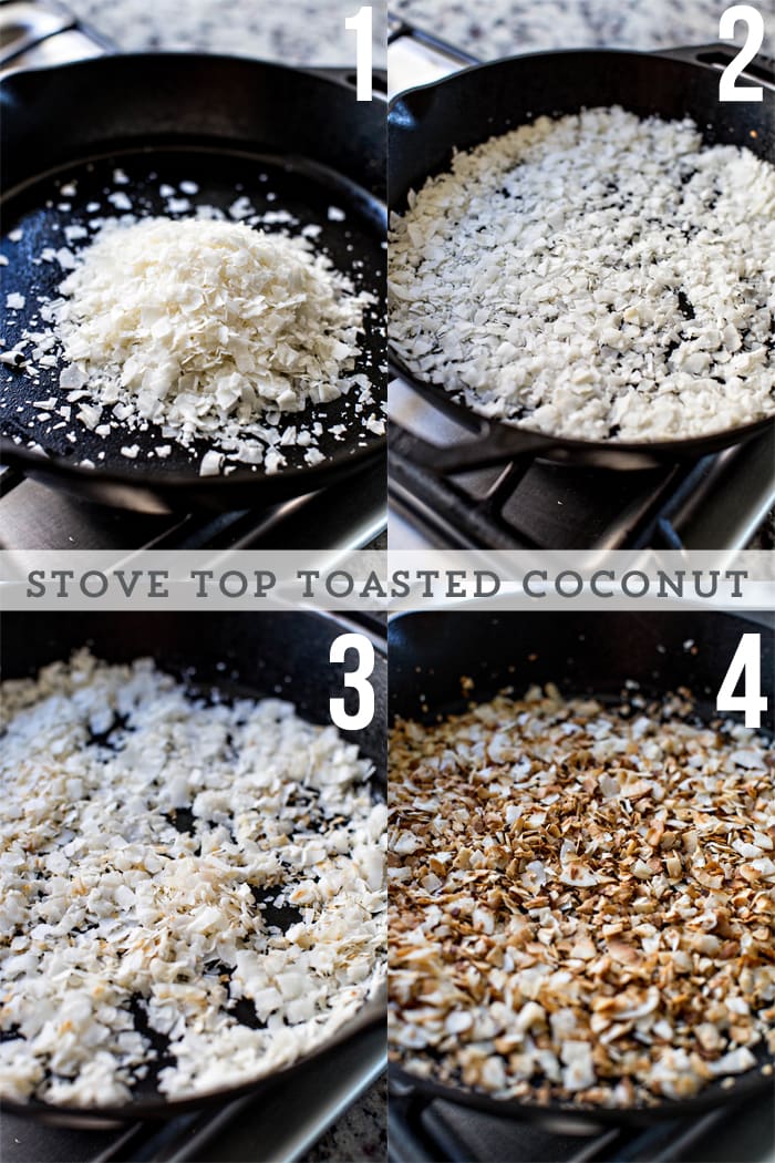 step by step photos how to toast coconut in a cast iron skillet