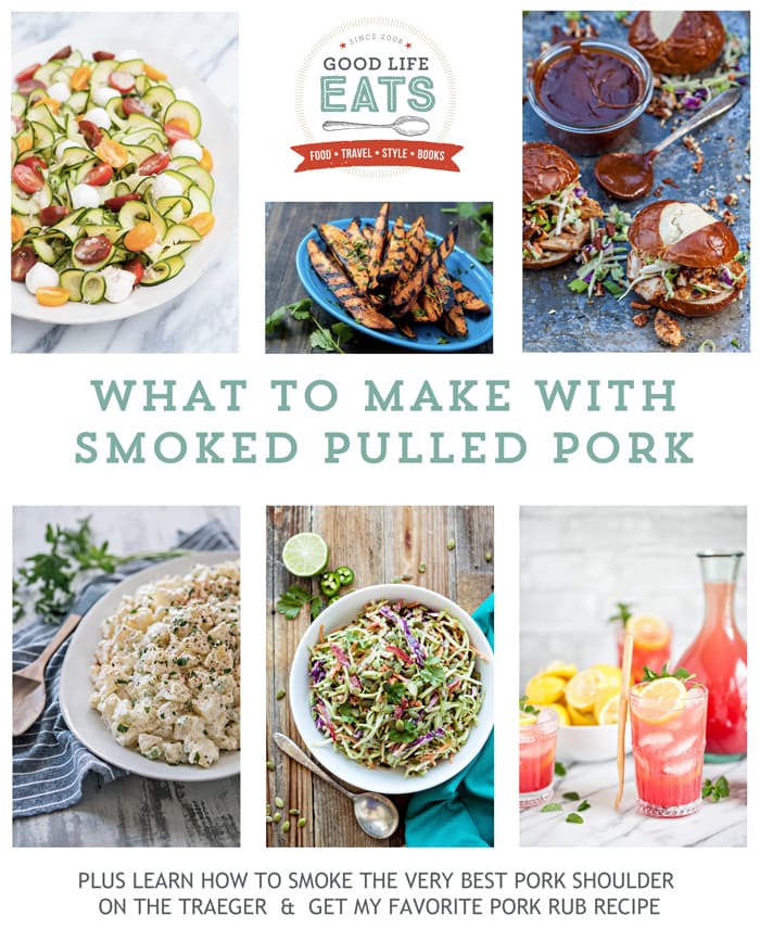 collage of various photos of side dishes and other recipes to serve with a smoked pulled pork recipe