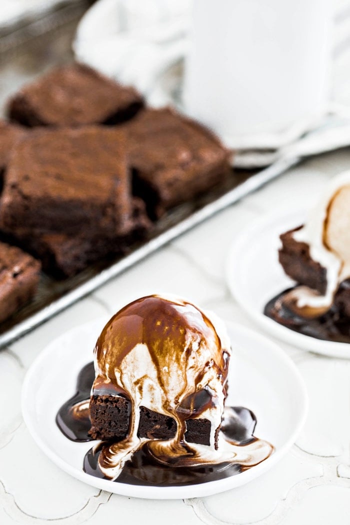 tray of easy homemade brownies with a brownie sundae