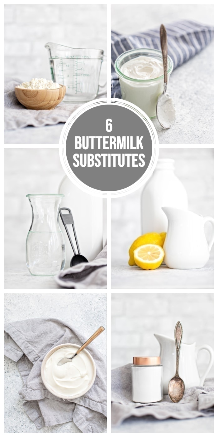 collage showing photos of 6 substitutes for buttermilk to make homemade buttermilk