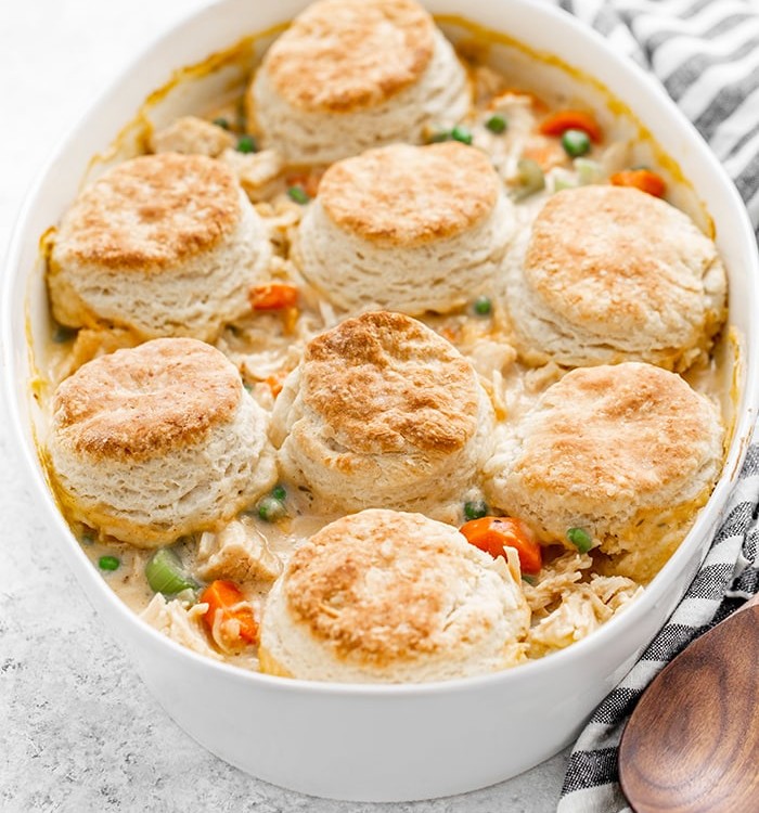 white casserole dish with chicken pot pie