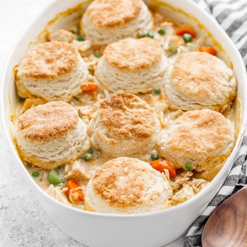 white casserole dish with chicken pot pie