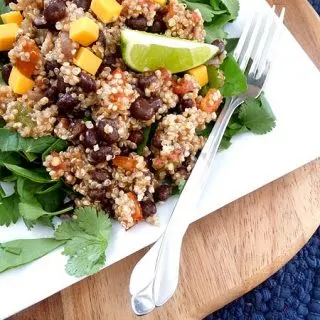 quinoa with black beans on a white plate