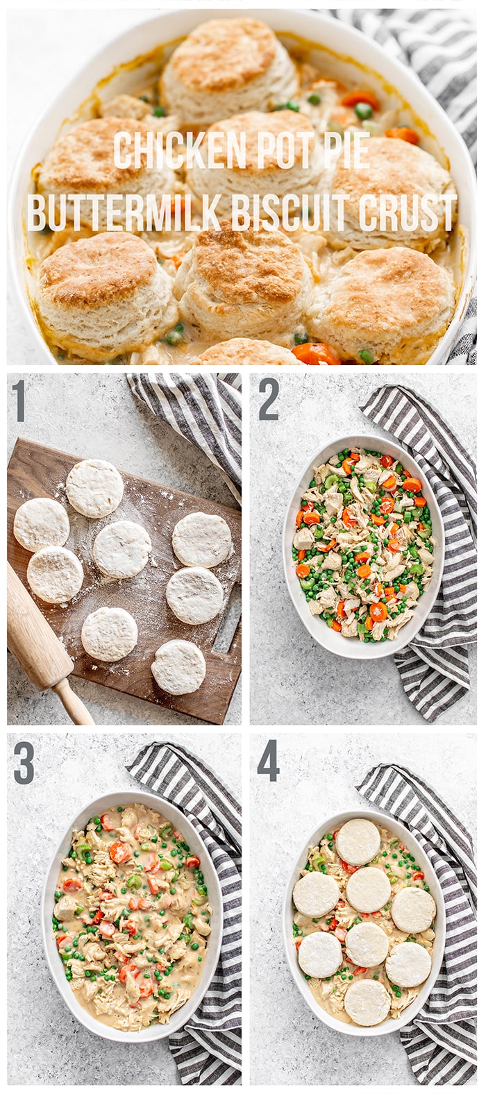 step by step photos detailing how to make chicken pot with with biscuits