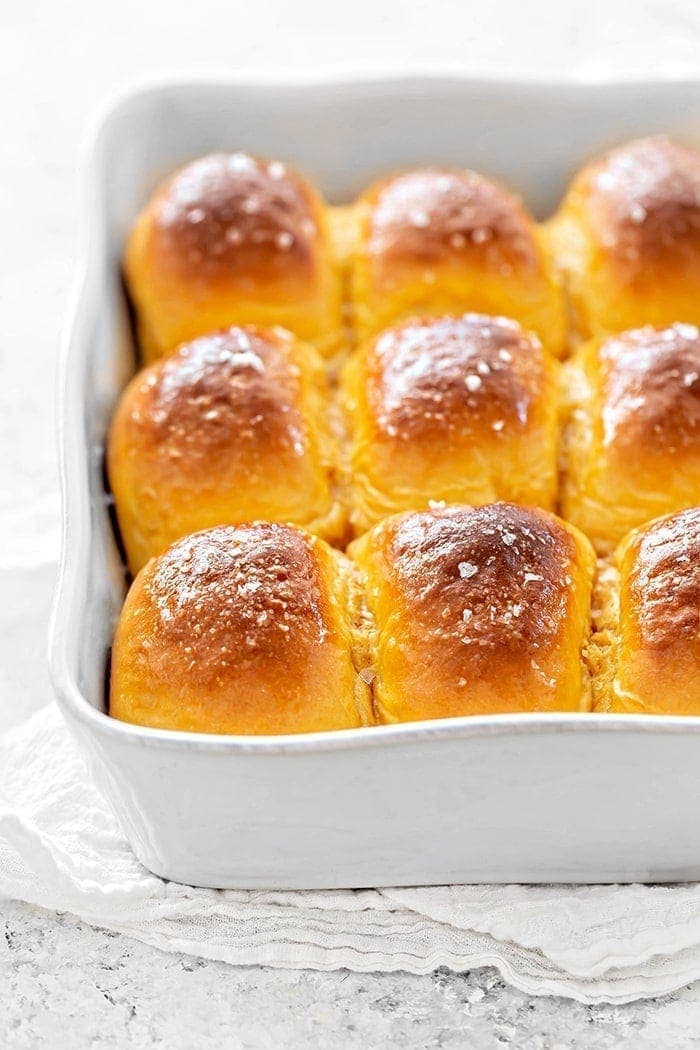 sweet potato rolls in a white baking dish