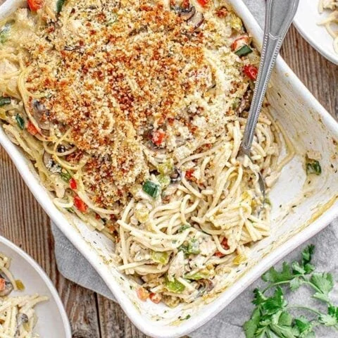 casserole dish of turkey tetrazzini