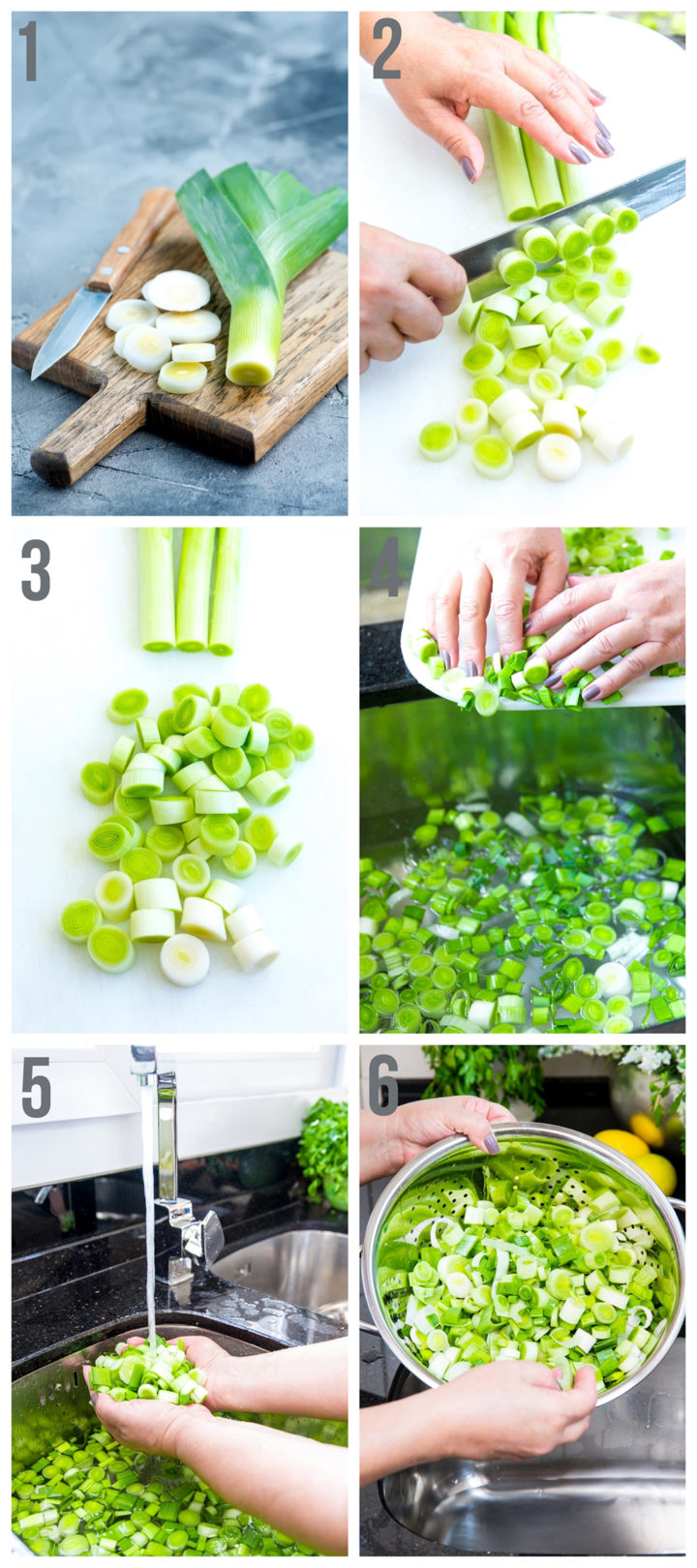 Step-by-step photo guide demonstrating how to clean leeks by slicing and washing them.