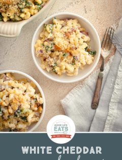 overhead photo of dishes with White Cheddar Mac and Cheese with Kale and Bacon