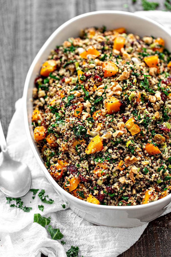 gluten free quinoa stuffing in a white bowl on a table