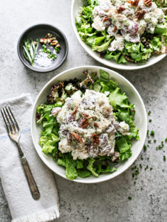 photo of tarragon chicken salad on a bed of greens