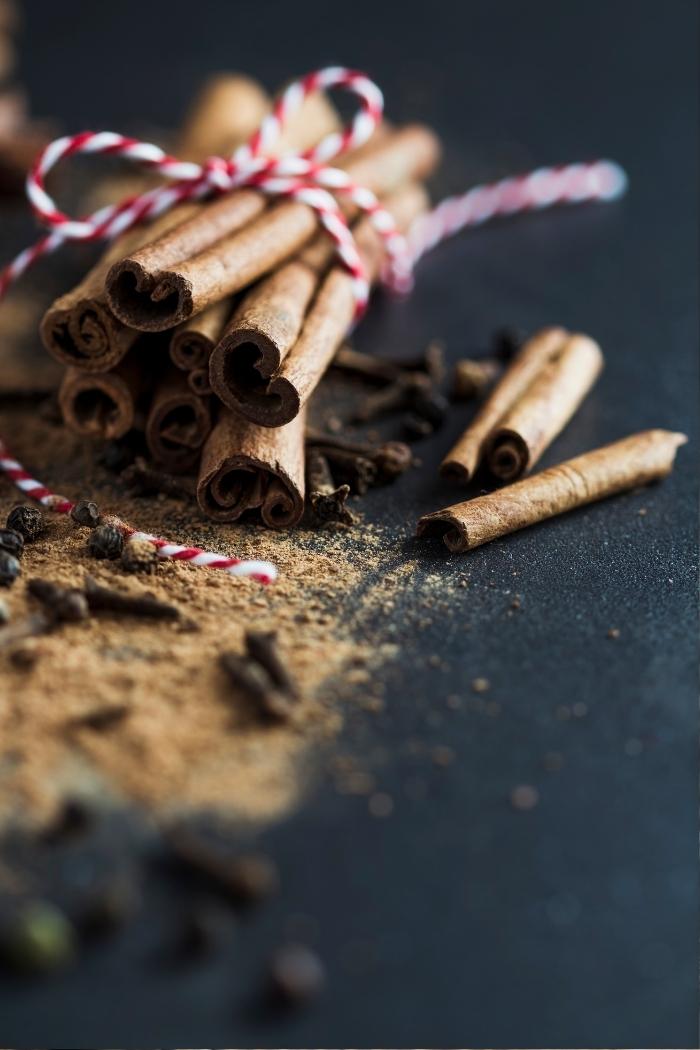 cinnamon sticks tied with twine on a dark background