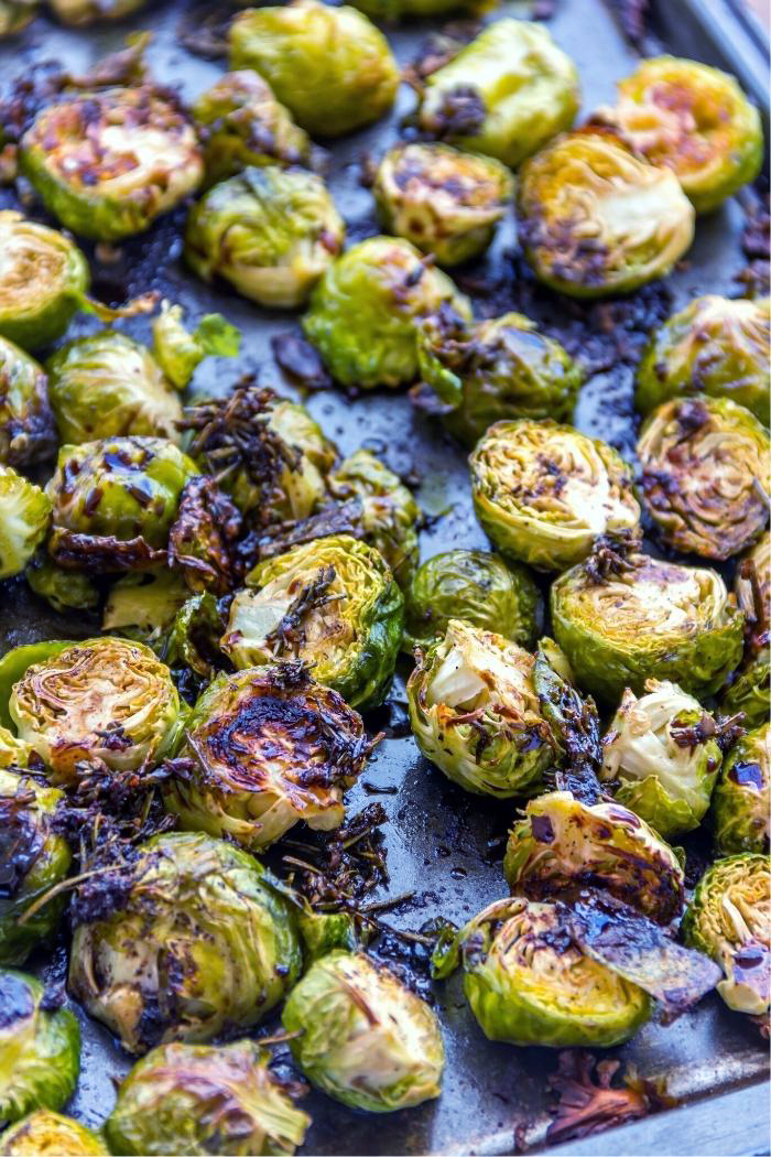 cooked brussels sprouts on a baking sheet