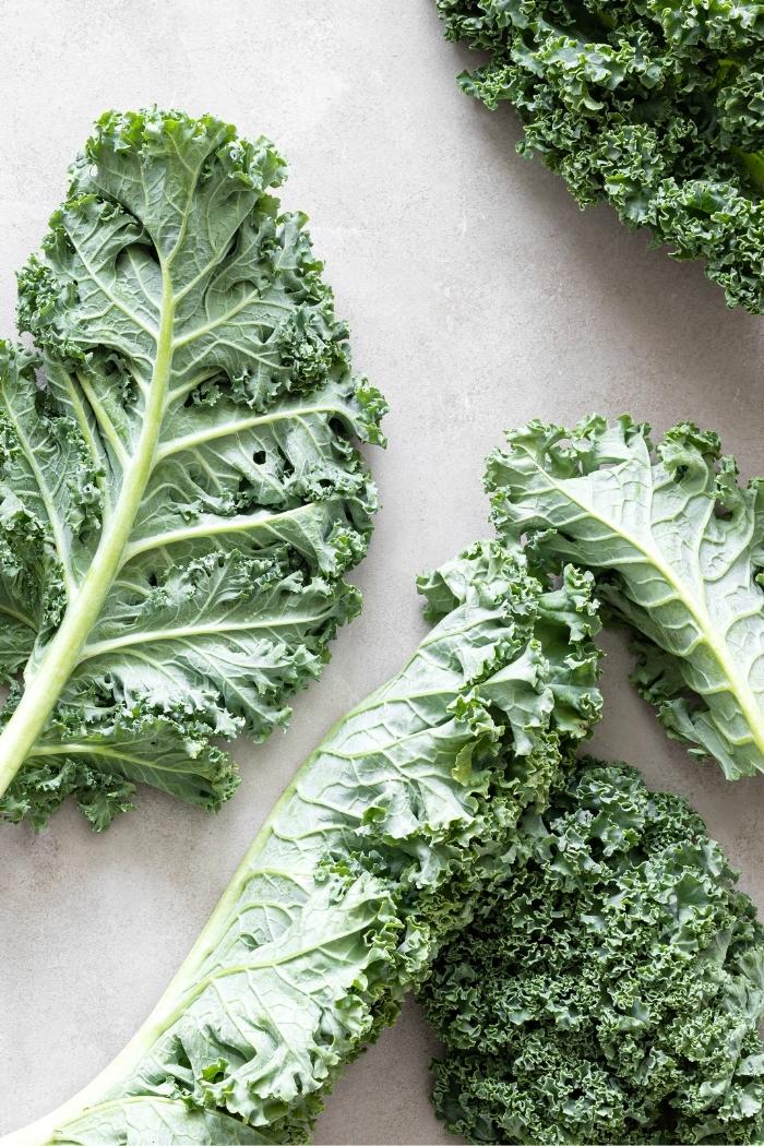 overhead close up shot of kale leaves