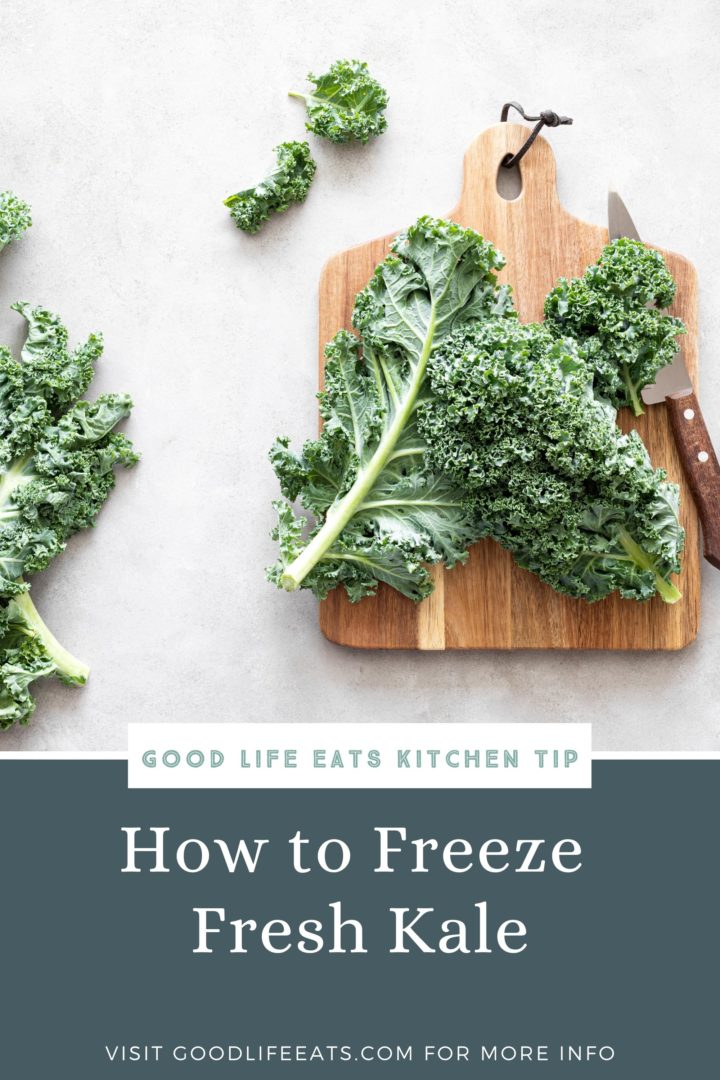 fresh kale on a cutting board with a graphic that says how to freeze kale
