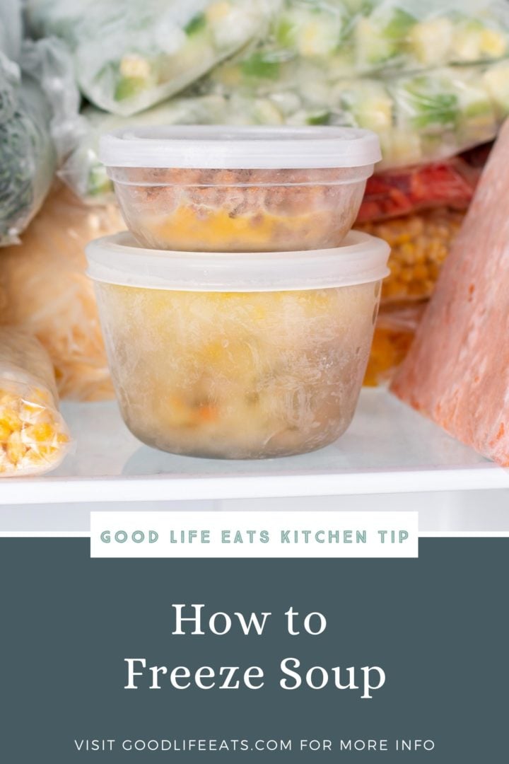 frozen soup in containers in the freezer